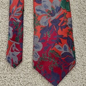 Ted‎ Lapidus 100% Silk Floral Necktie Red Blue Grey Green Men's  Tie Botanical